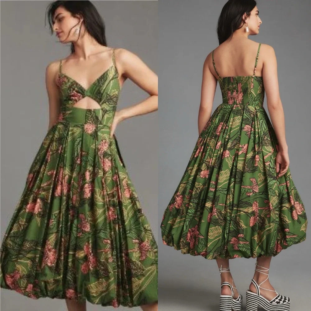 NWT Anthropologie Hutch Green Cutout Bubble-Hem Midi Dress - Picture 1 of 16